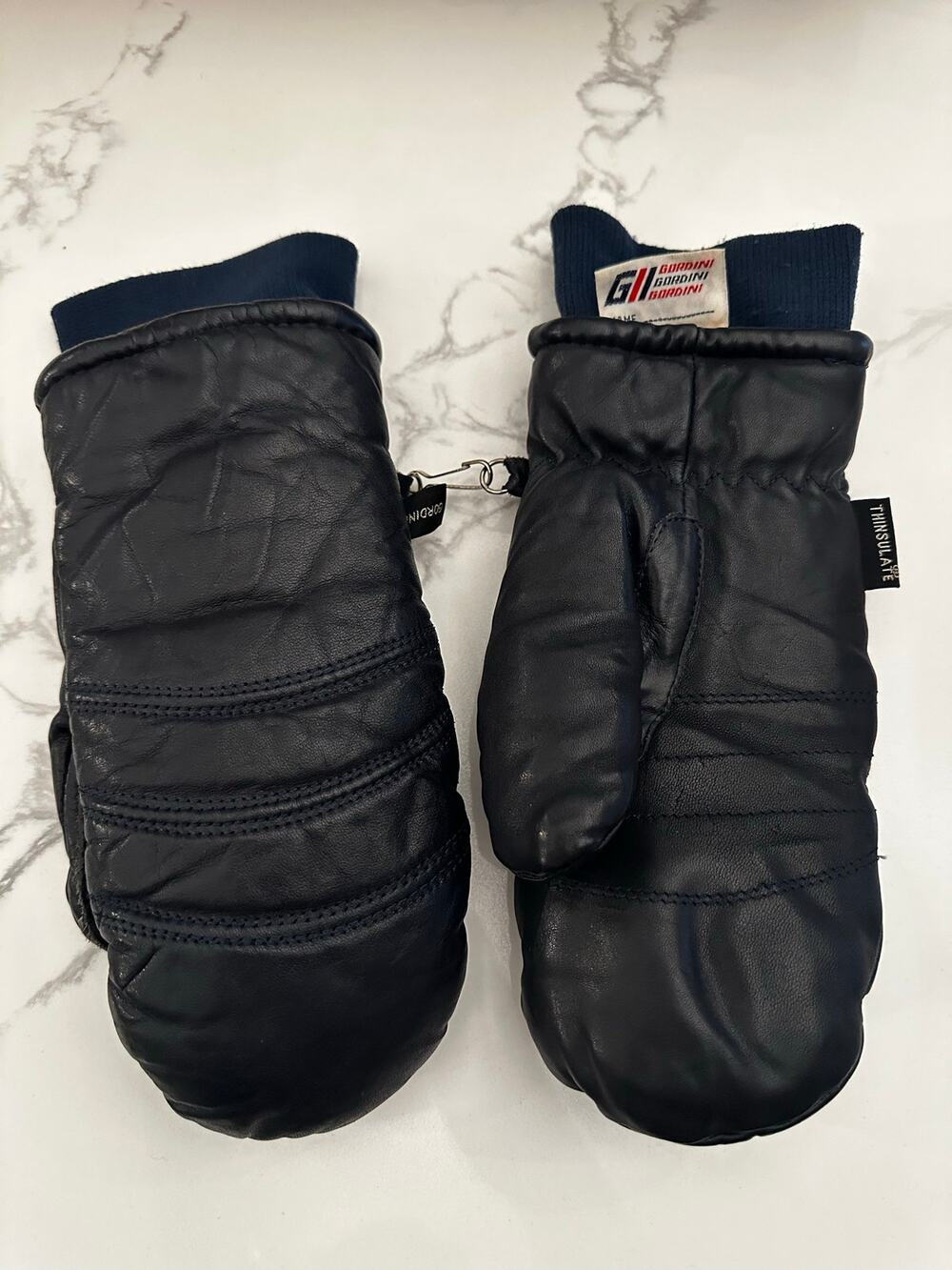 Vintage GORDINI Leather Ski Mittens Ladies Medium Thinsulate Heattrap Black Navy